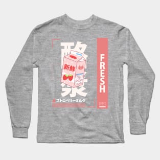 funny retro 90s japanese kawaii strawberry milk shake carton Long Sleeve T-Shirt